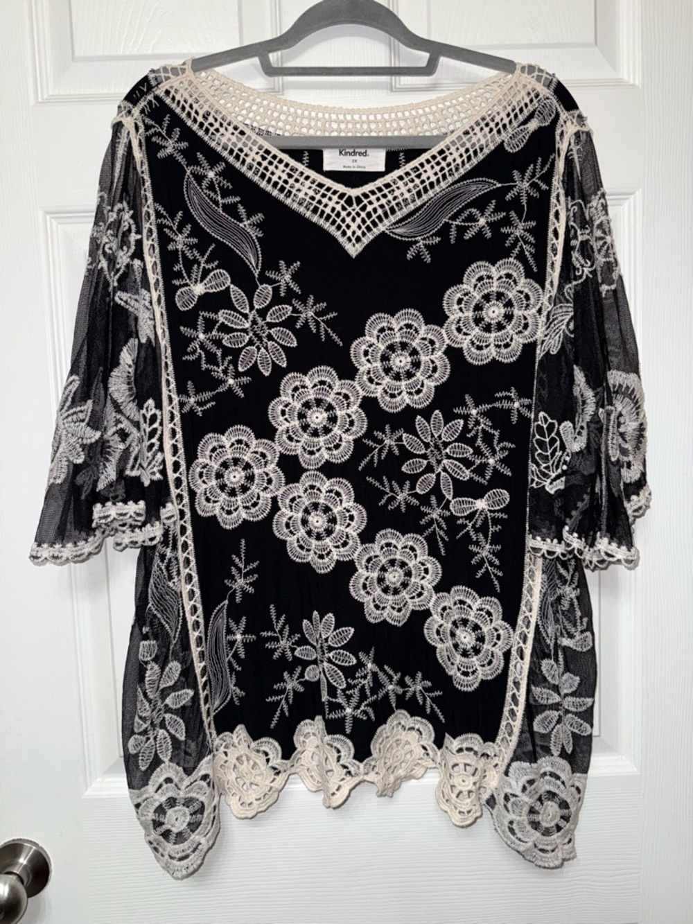 Kindred Spirit Black Lace Floral Tunic with Ivory Embroidery